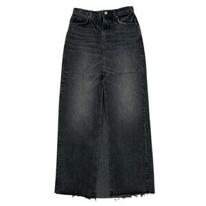 Reformation Tazz Maxi Denim Skirt 25 Liman Charcoal Front Slit Low Rise Distress